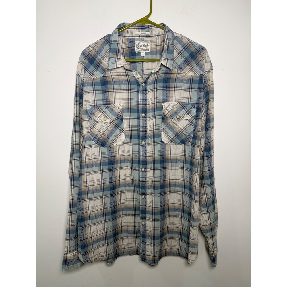 Lucky Brand Mens XXL Blue Plaid Western Long Sleeve Button Down Shirt 7M42648